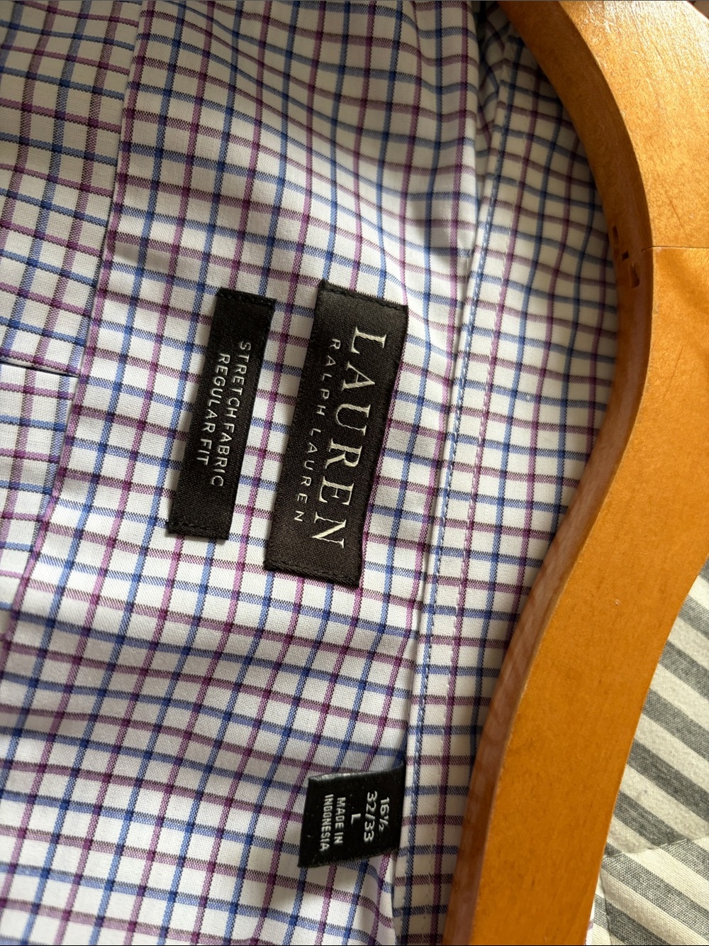 Brand New Lauren Ralph Lauren Men's White Dress Shirt with Blue and Purple Check
